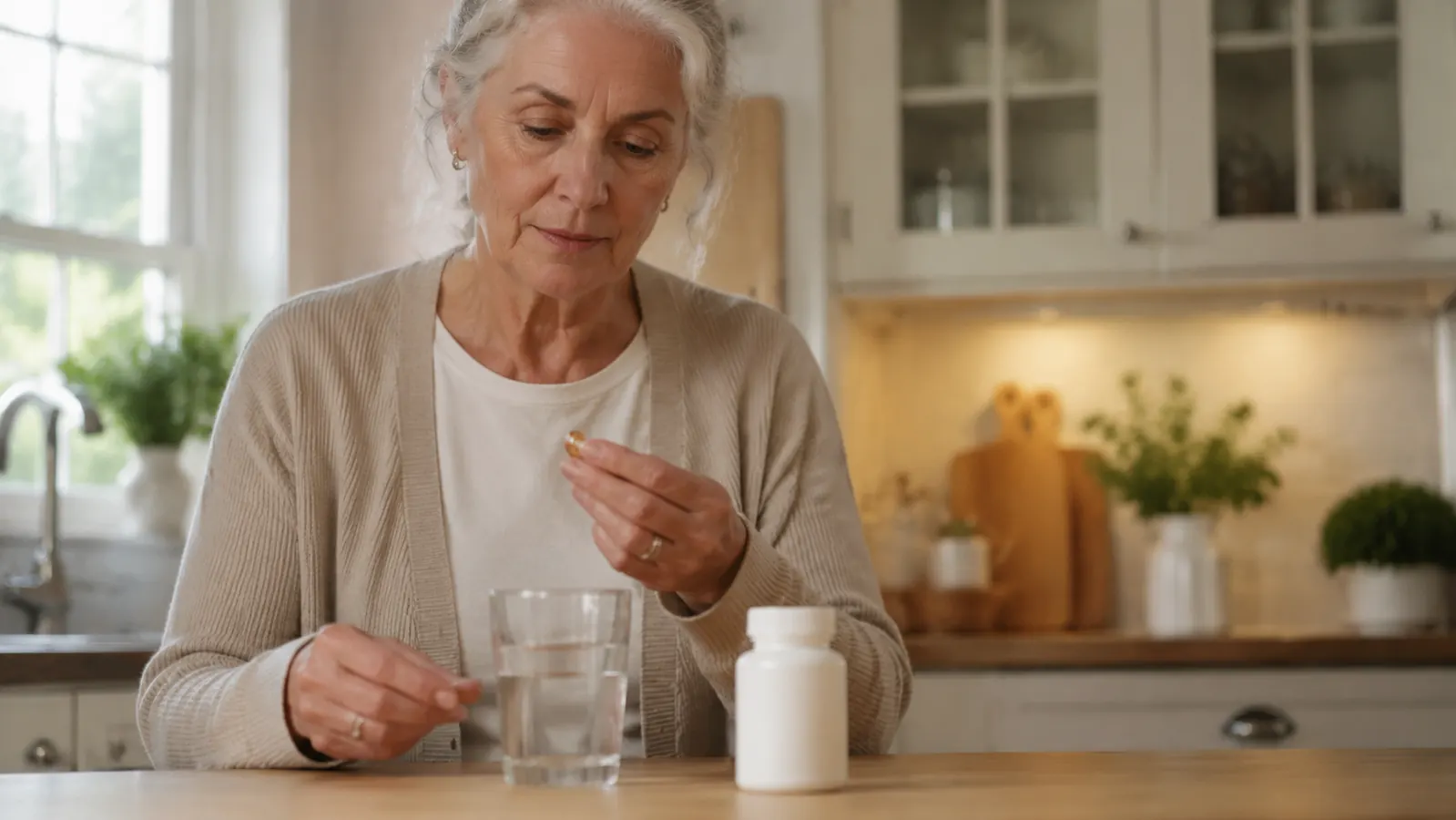 A capsule supplement bottle and a glass of water on a kitchen counter in soft morning light