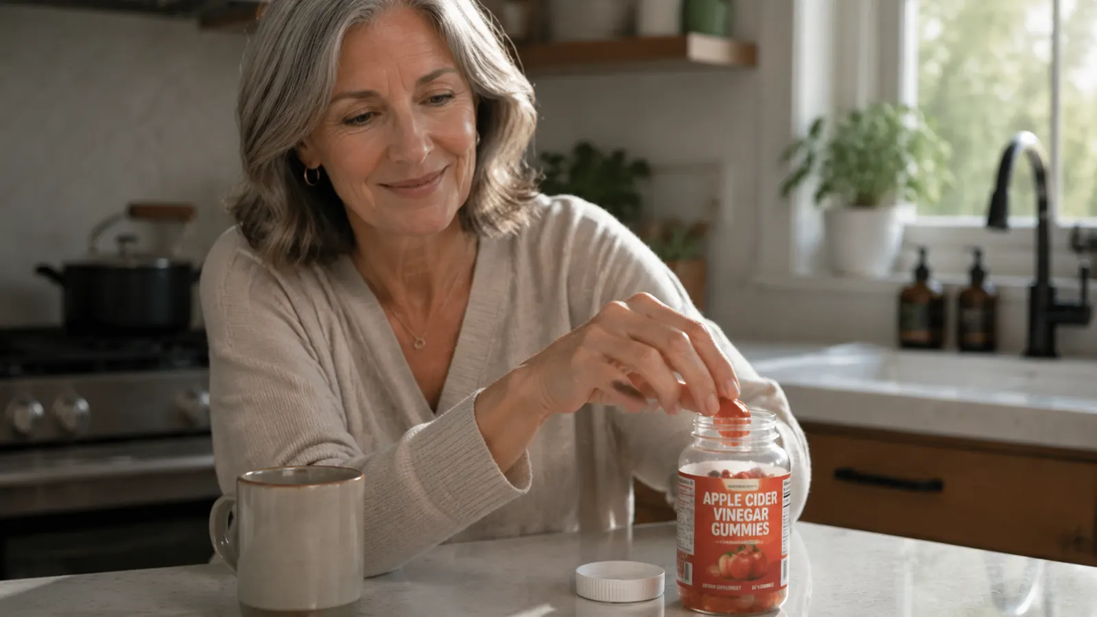 A woman in her sixties standing at a sunny kitchen counter reaching for a jar of chewy supplements beside her coffee mug