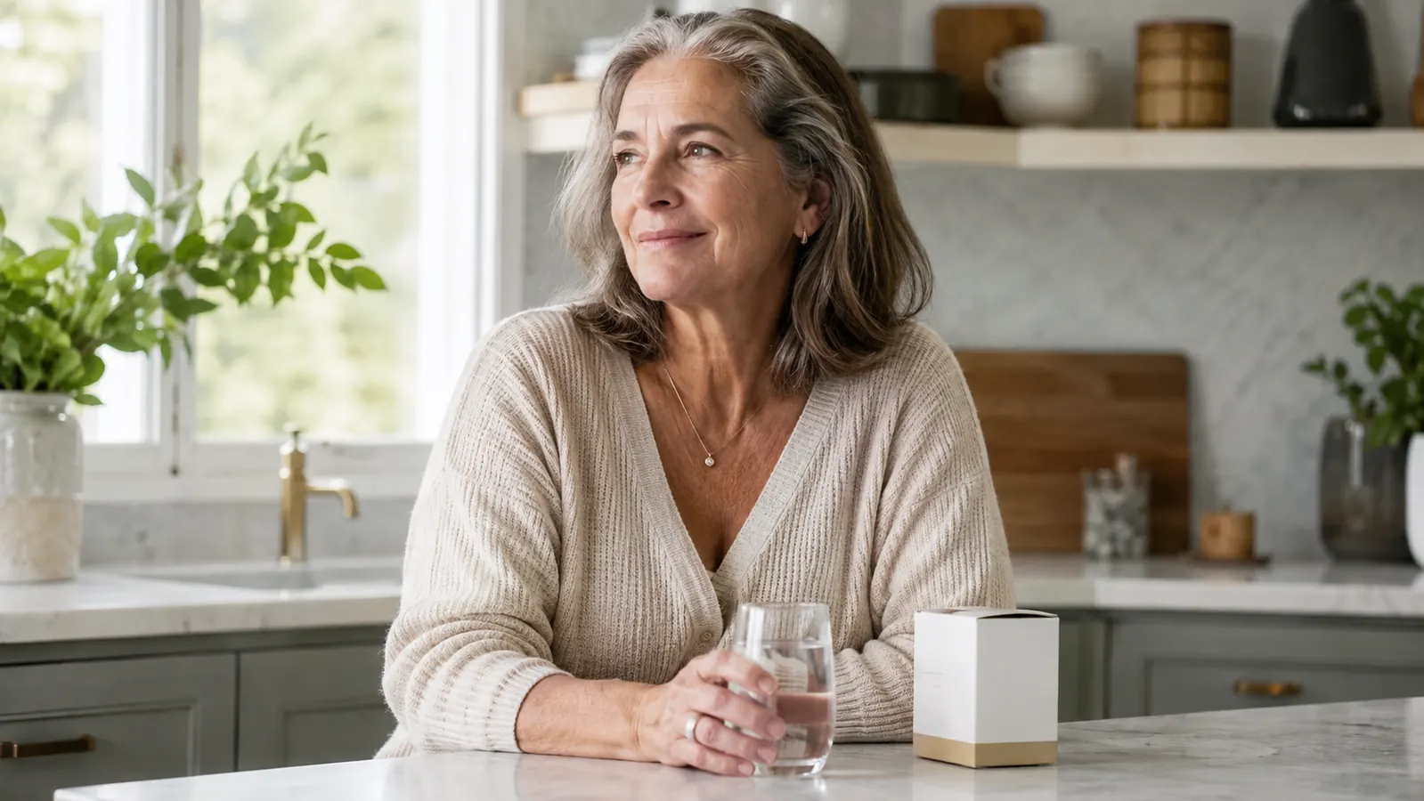 A person in their fifties setting out a small glass of water and a daily supplement on a warm kitchen counter in the morning