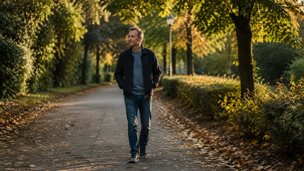 A person walking a leafy park path after a meal, comfortable shoes, relaxed steady pace
