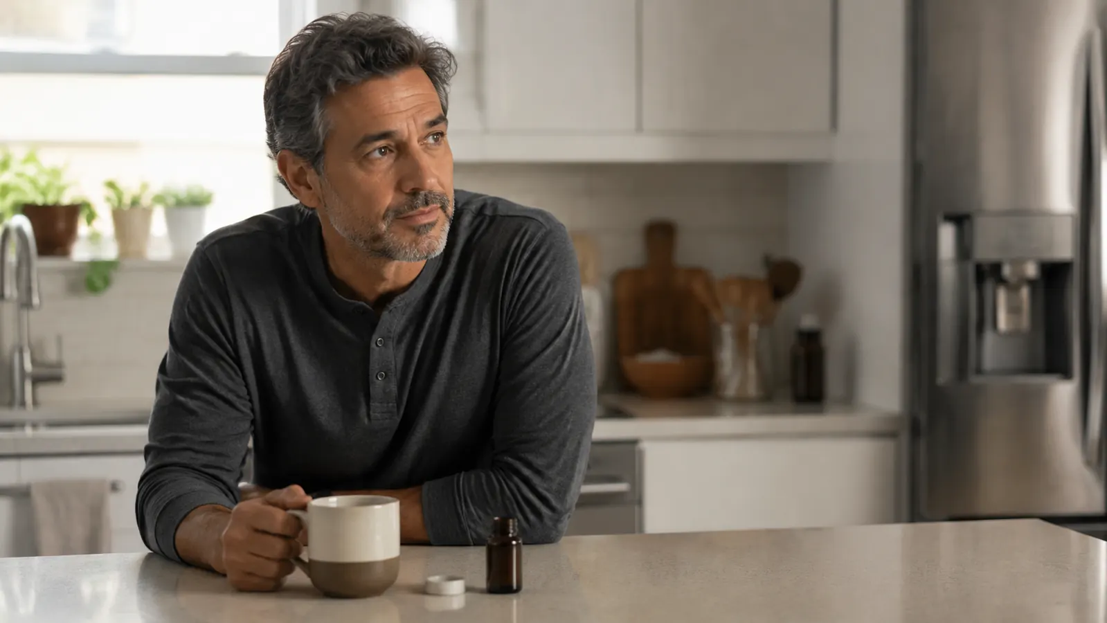 A person in their fifties at a bright kitchen counter in the morning with a coffee mug and a small daily supplement bottle beside it