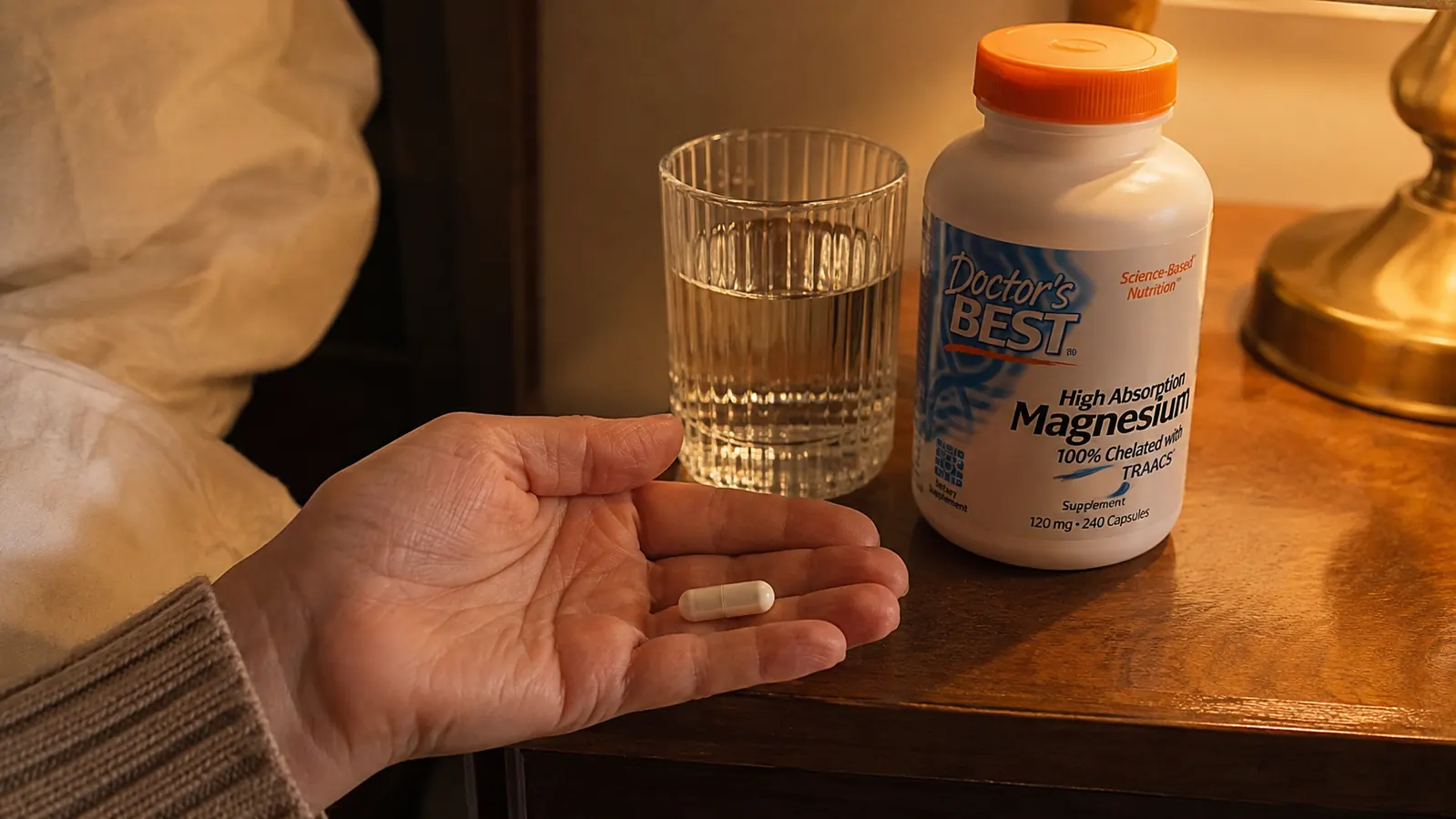 A hand pausing over a small white capsule with a glass of water beside it on a bedside table at night
