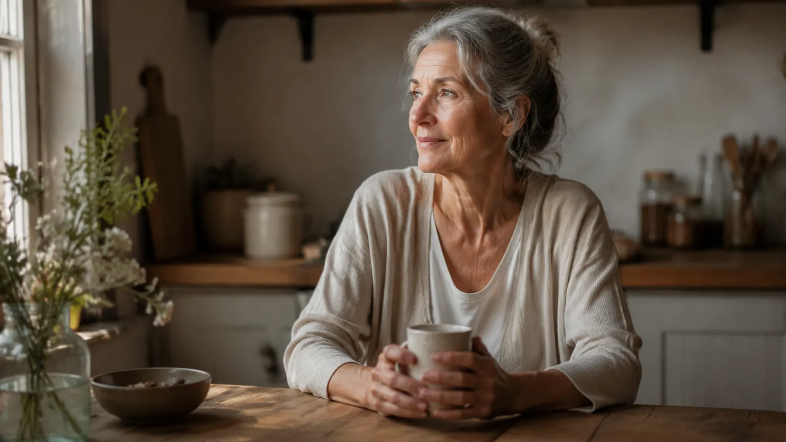 A woman in her sixties with a steaming mug seated at a sunlit kitchen table, looking rested and calm in the morning