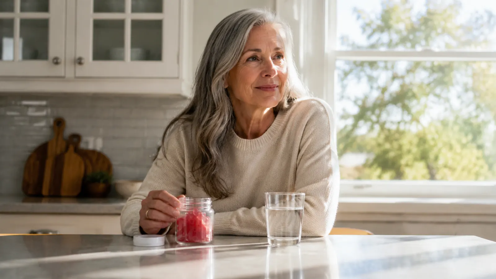 An older adult standing at a bright kitchen counter beside a glass of water, setting up a small daily habit.