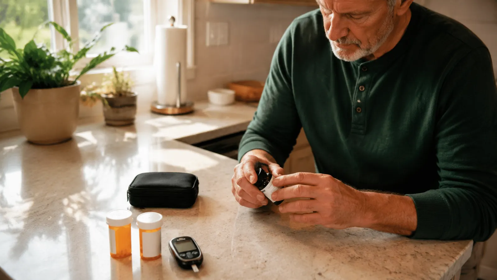 A small supplement bottle and prescription bottles beside a blood glucose meter on a warm wooden kitchen counter in soft morning light