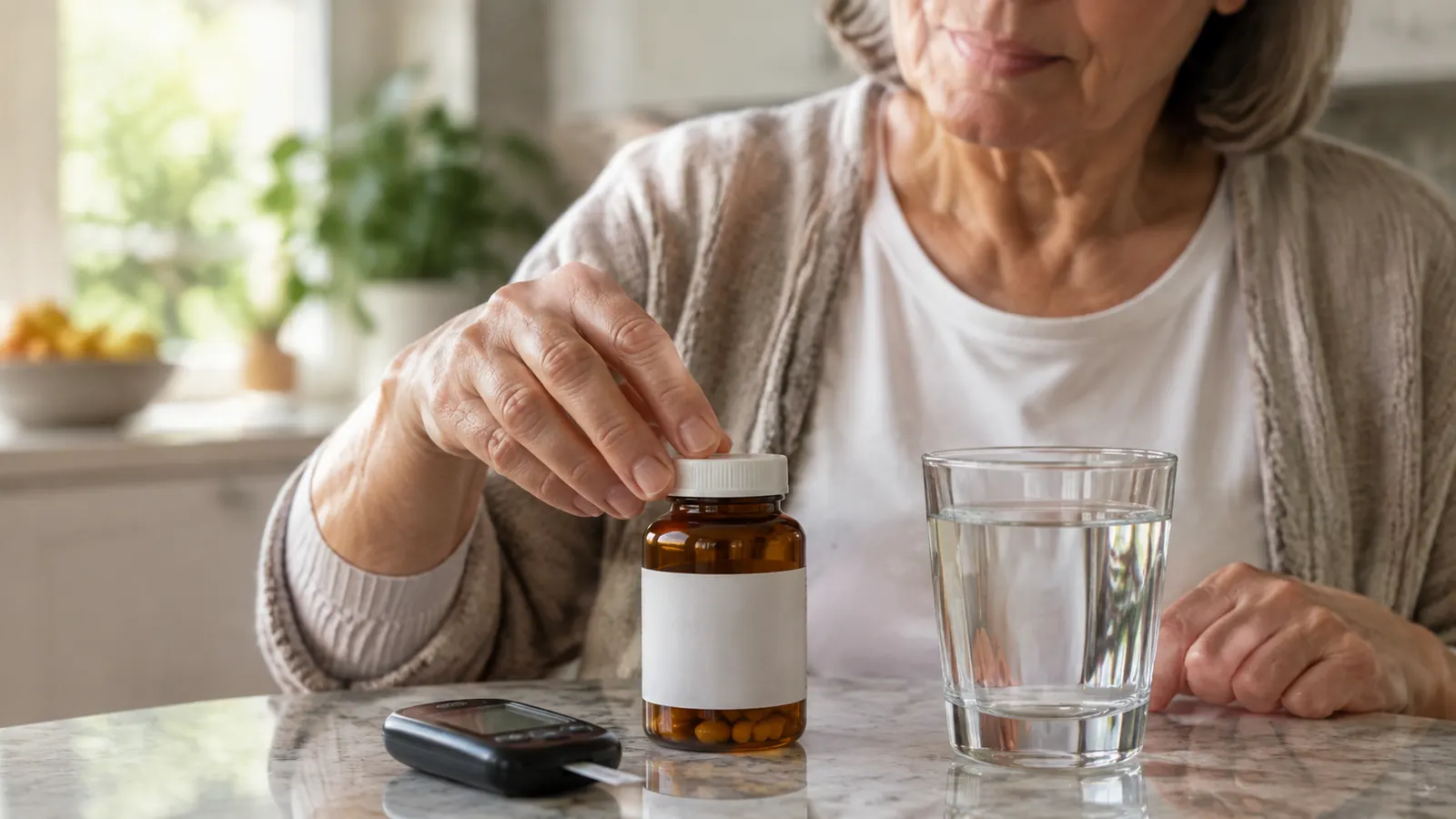A supplement capsule bottle and a glass of water on a kitchen counter beside a blood glucose meter in soft morning light
