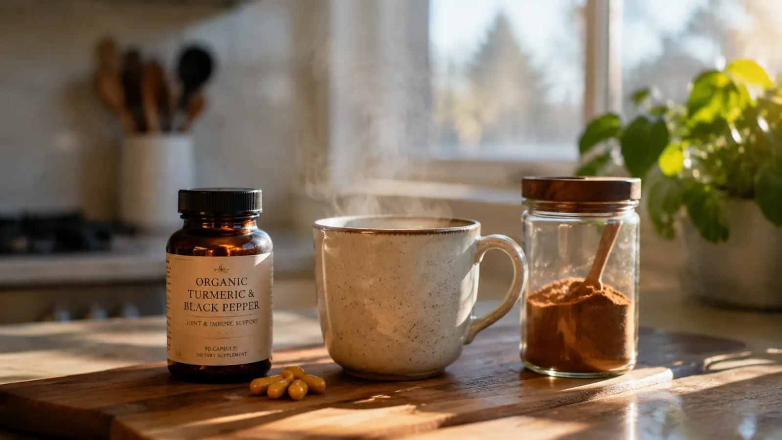 A warm kitchen counter in morning light with a small brown supplement bottle beside a mug and a full spice jar, no people