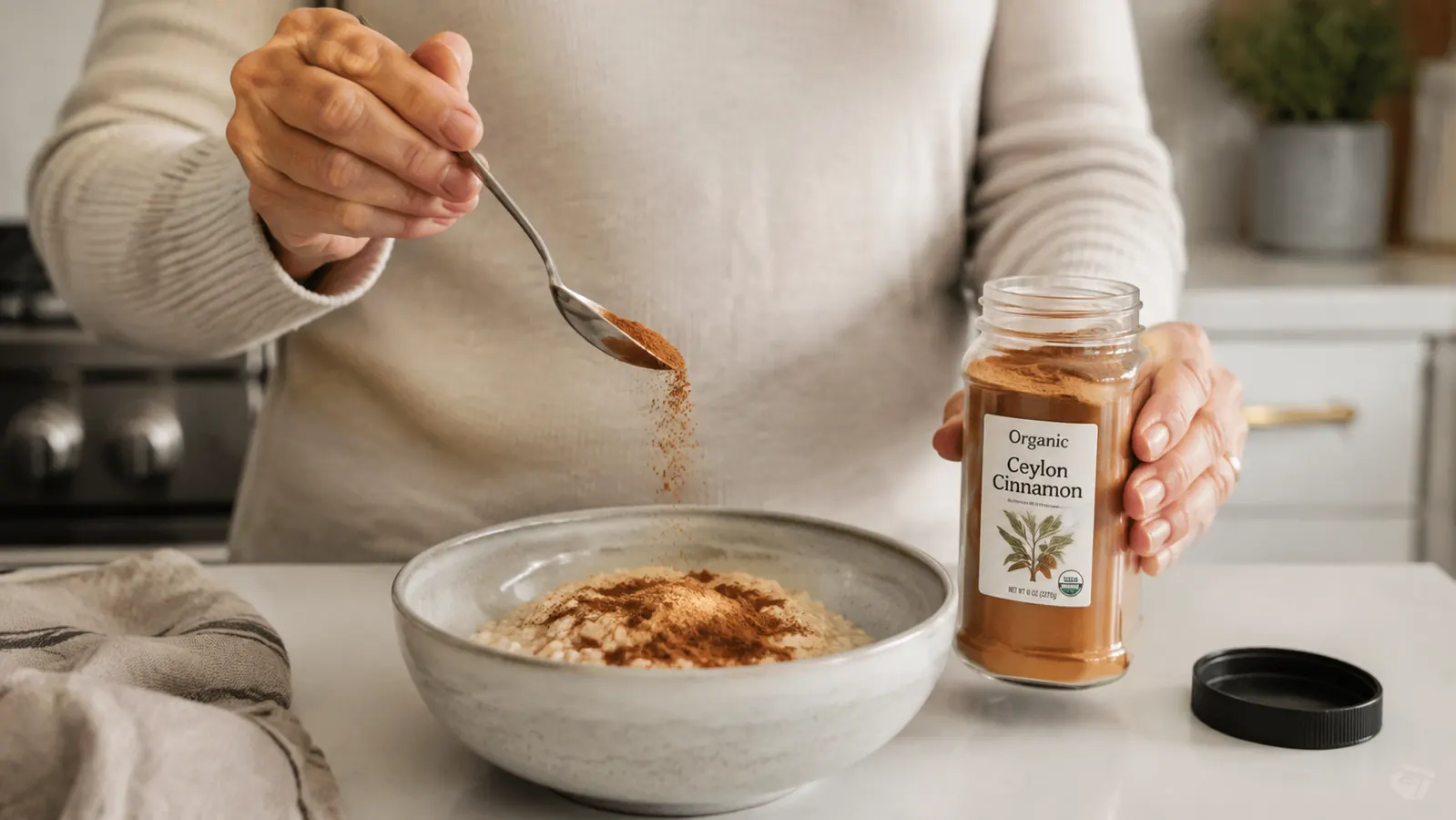 A hand spooning cinnamon powder into a bowl of oats on a kitchen counter