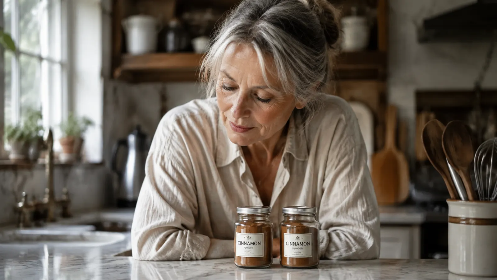 Two small jars of cinnamon powder on a kitchen counter in warm morning light