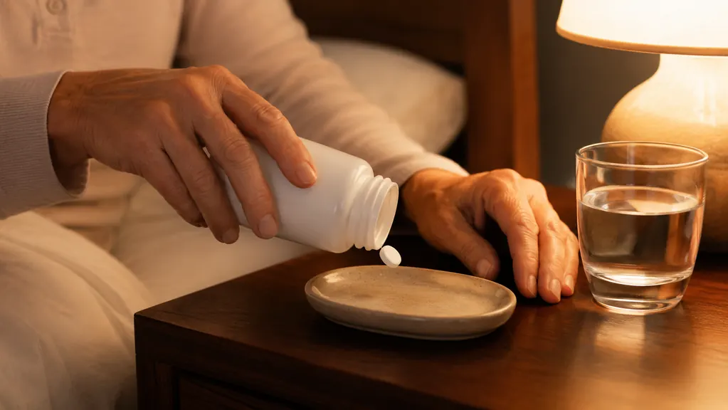 A hand setting a small tablet on a saucer next to a nightstand glass of water