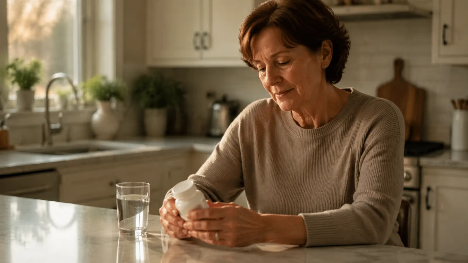 A glass of water and a small supplement bottle on a kitchen counter in warm evening light