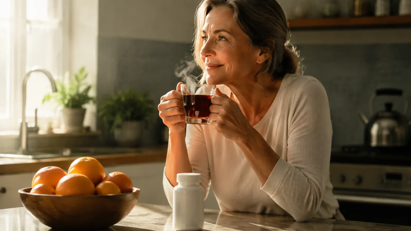 A kitchen table in soft morning light with a mug of tea and a plain supplement bottle beside a bowl of fruit
