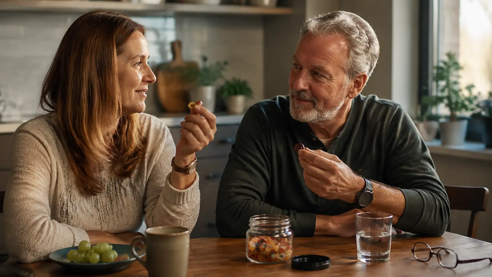 A middle aged man and woman at a sunlit kitchen table with a glass of water, a small open jar of gummies, and a morning breakfast plate, calm everyday mood