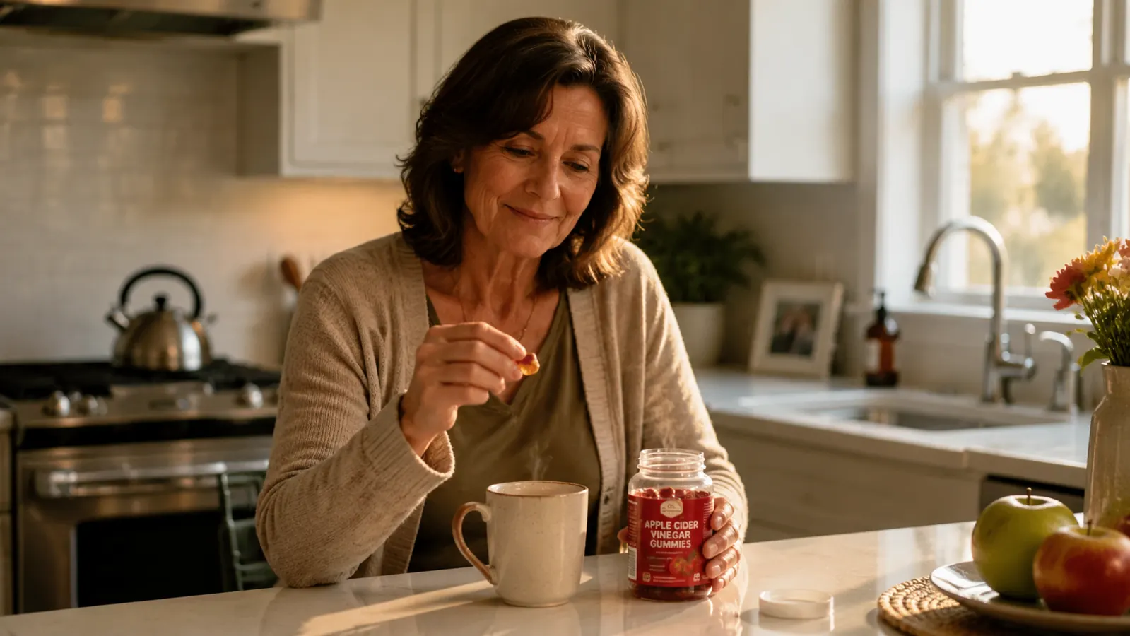 An open jar of apple cider vinegar gummies on a kitchen counter beside a steaming cup of tea in warm morning light