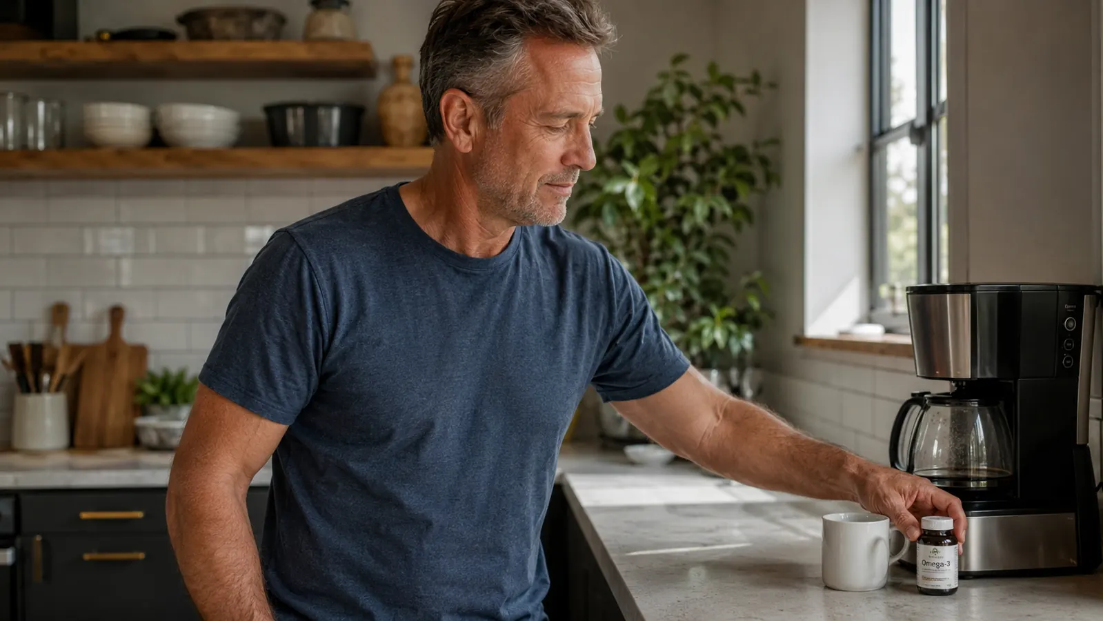 A person in a bright kitchen reaching for a small supplement bottle next to a coffee maker in the morning light