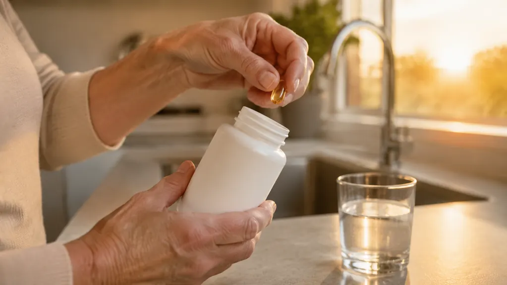 A person's hand taking a softgel from a supplement bottle over the kitchen sink, a glass of water beside it