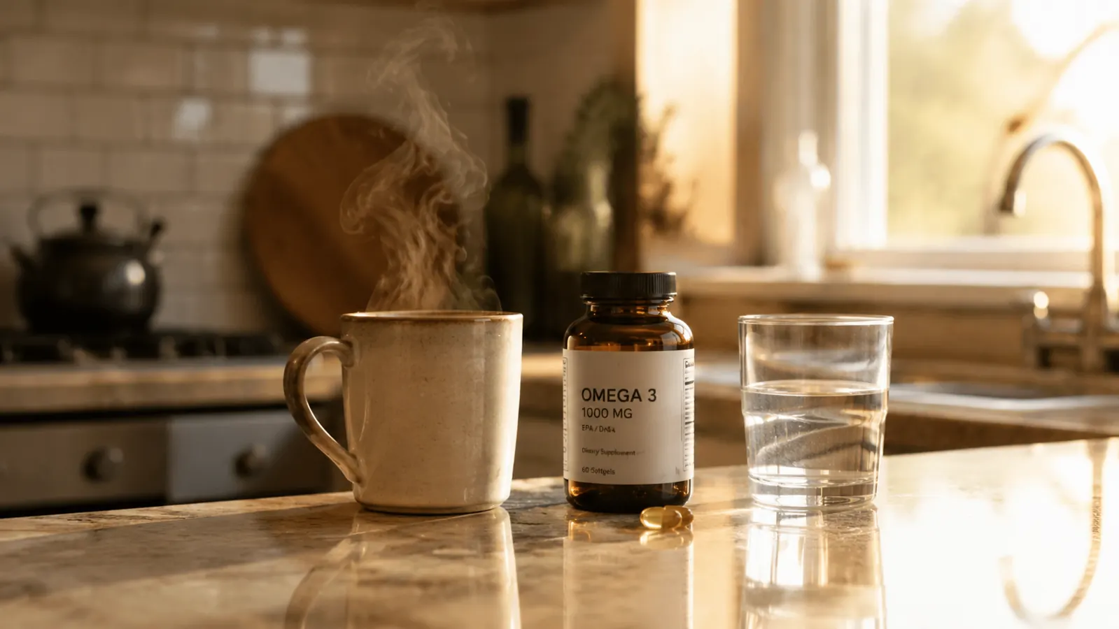 A morning kitchen counter with a steaming mug and a small supplement bottle beside a glass of water, soft window light