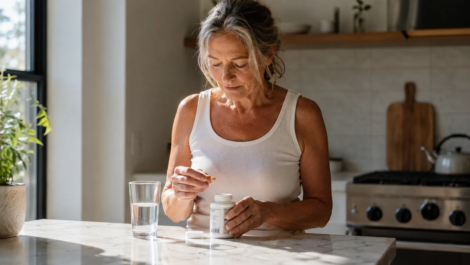 A senior adult in a warm kitchen measuring capsules next to a glass of water in soft morning light