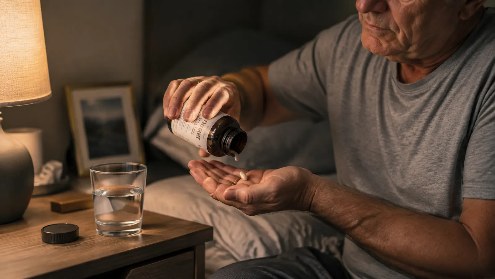 A hand tipping a supplement capsule from the bottle onto a palm beside a glass of water on a bedside table in the evening