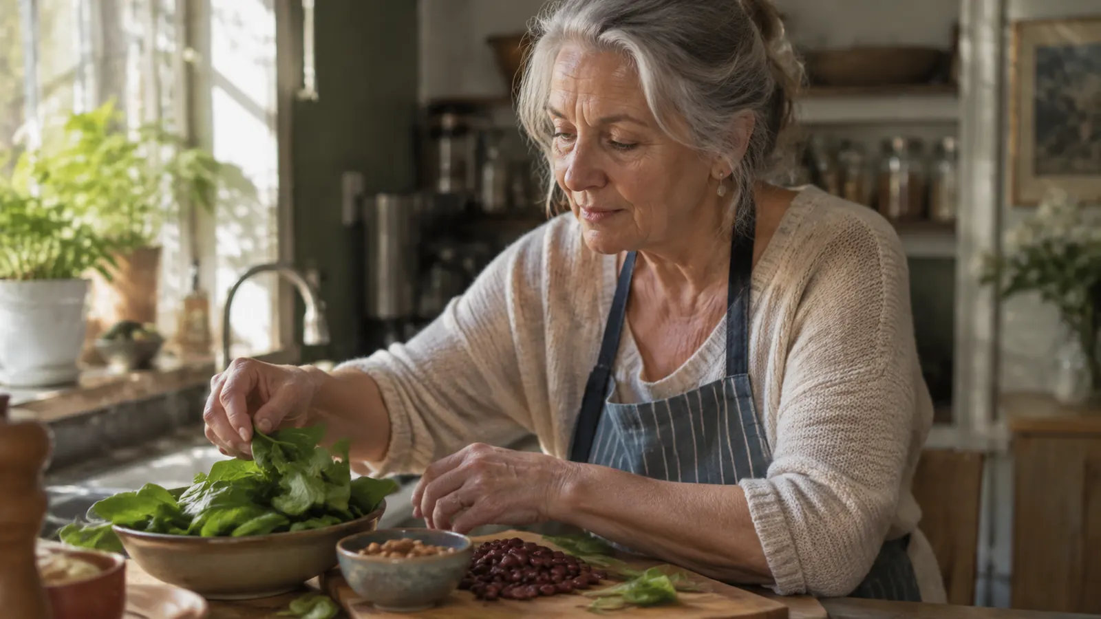 A person in their sixties sorting a handful of fresh spinach, almonds, and beans on a wooden cutting board in a warm morning kitchen