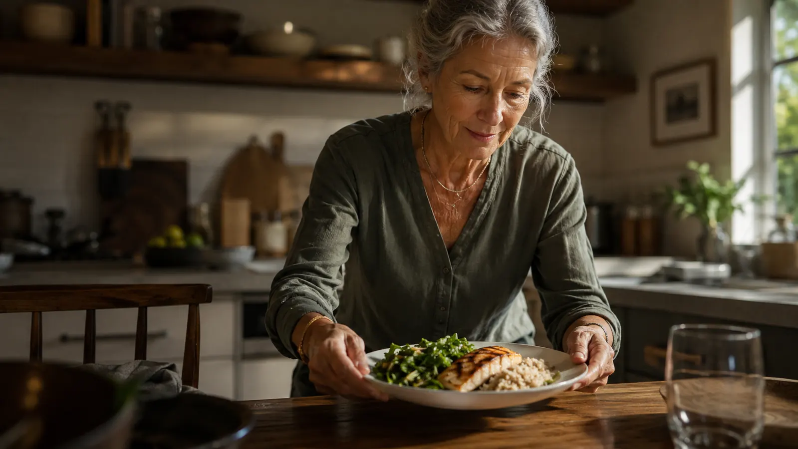 A woman in her sixties setting a plate of grilled salmon, leafy greens, and a small mound of brown rice onto a wooden table in a warm kitchen