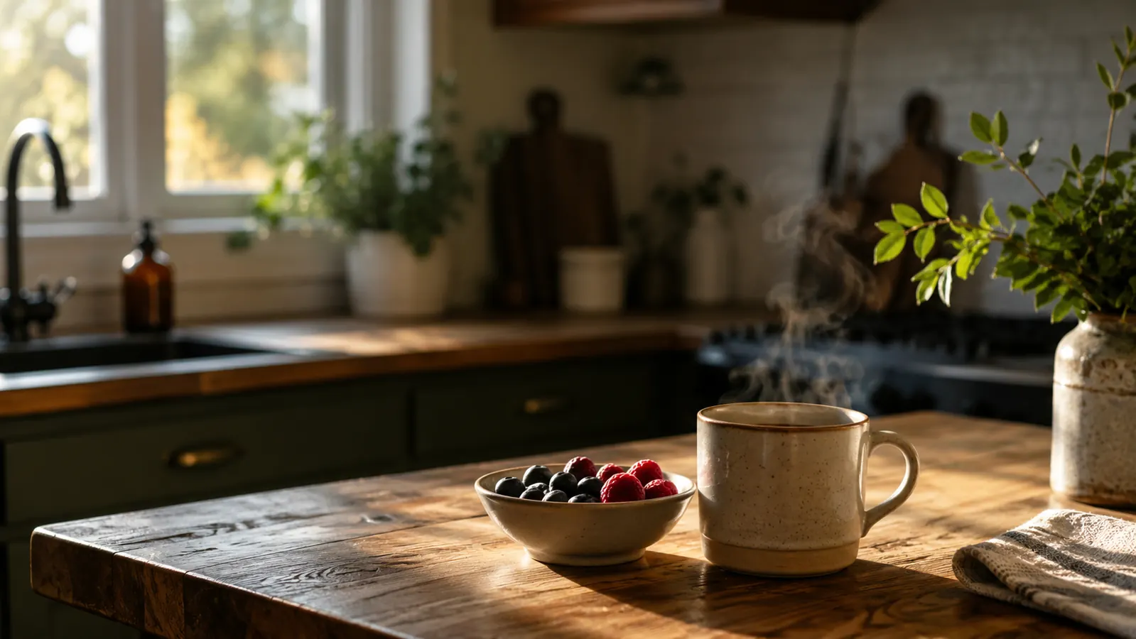 A quiet kitchen counter at dawn with a cup of coffee and a small bowl of mixed berries in soft morning light