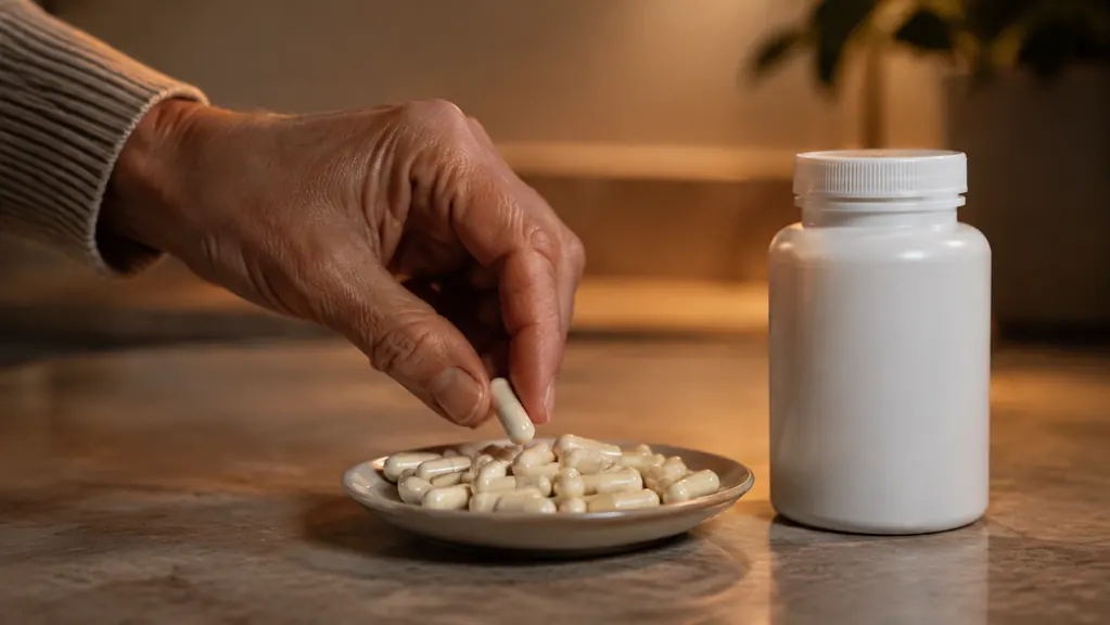 A hand holding a supplement capsule over a saucer on a kitchen counter in warm evening light.