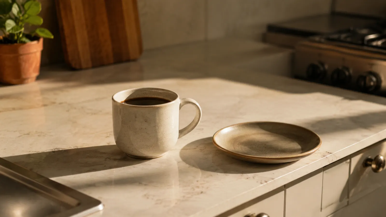 Morning light across a kitchen counter with a mug of coffee and a small plate, the calm part of the day.