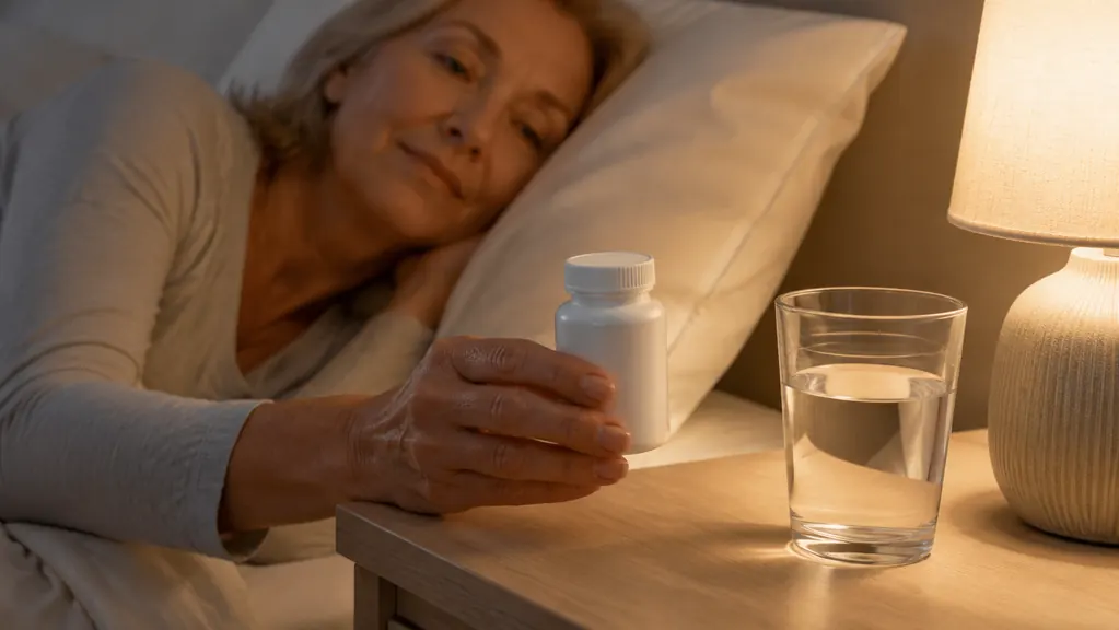 A hand holding a white supplement bottle of Doctor's Best magnesium glycinate next to a glass of water on a nightstand