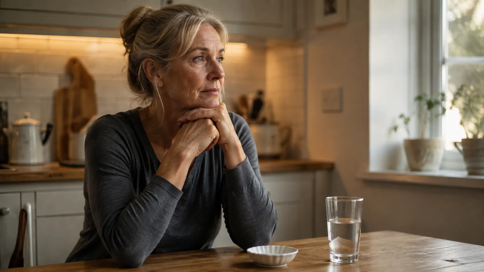 A woman in her late fifties sitting at a kitchen table in warm evening light, a small white dish and a plain glass of water beside her