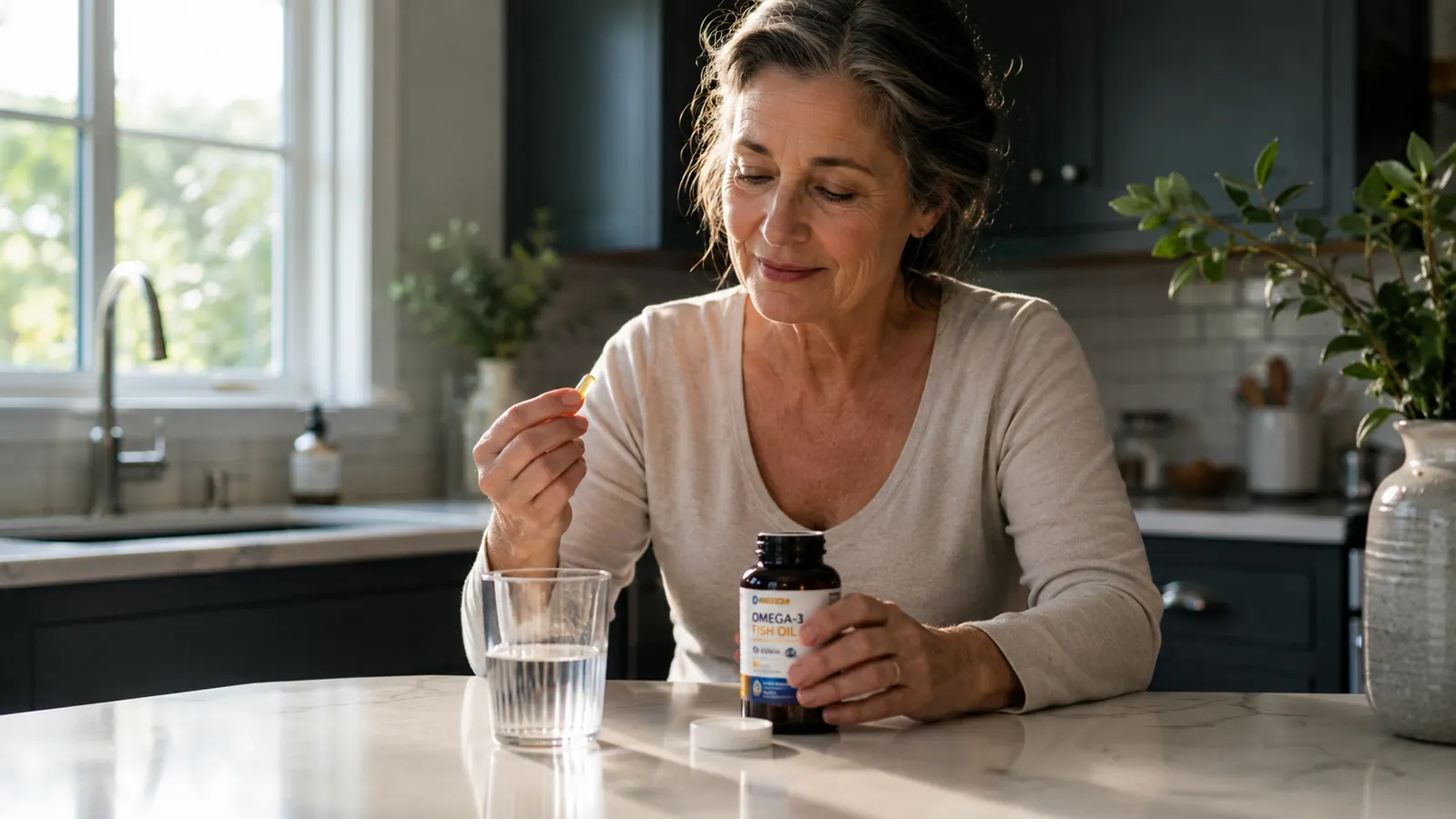A bottle of berberine softgels on a kitchen counter beside a glass of water in the morning