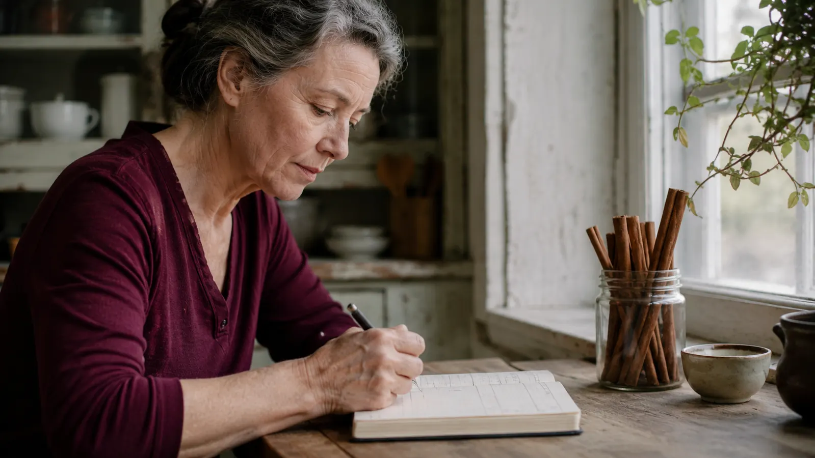 A kitchen windowsill with a glass jar of cinnamon bark sticks and a plain notepad with a handwritten blood sugar log