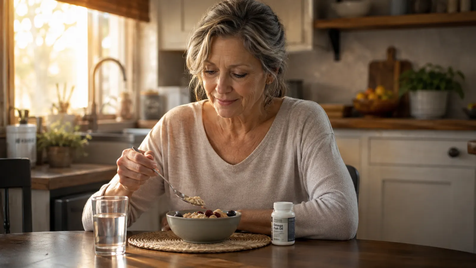A 55 or older adult sitting at a kitchen table in warm morning light, a small bottle of capsules beside a bowl of oatmeal and a glass of water