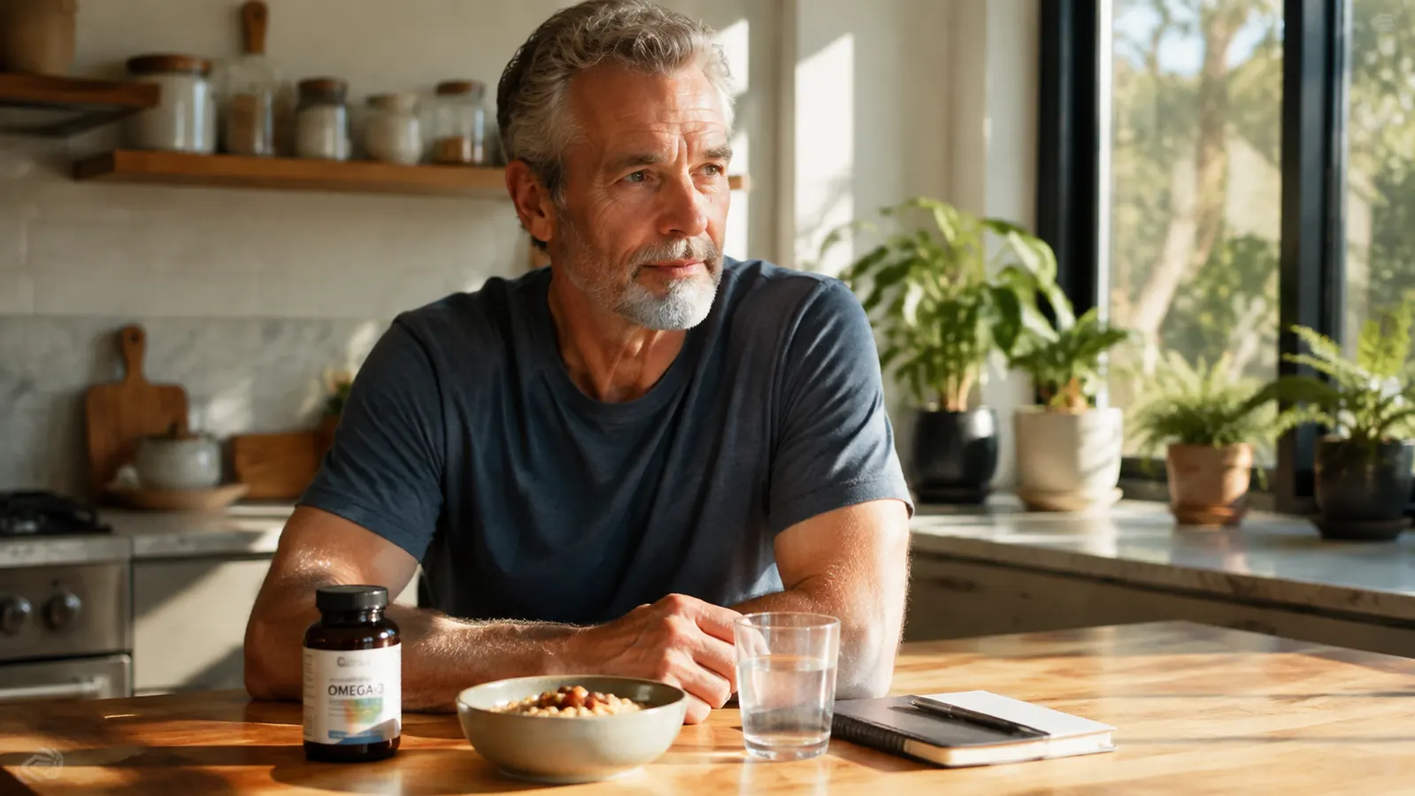 A man in his late 50s sitting at a sunlit kitchen counter in the morning, a supplement bottle beside a bowl of oatmeal and a glass of water