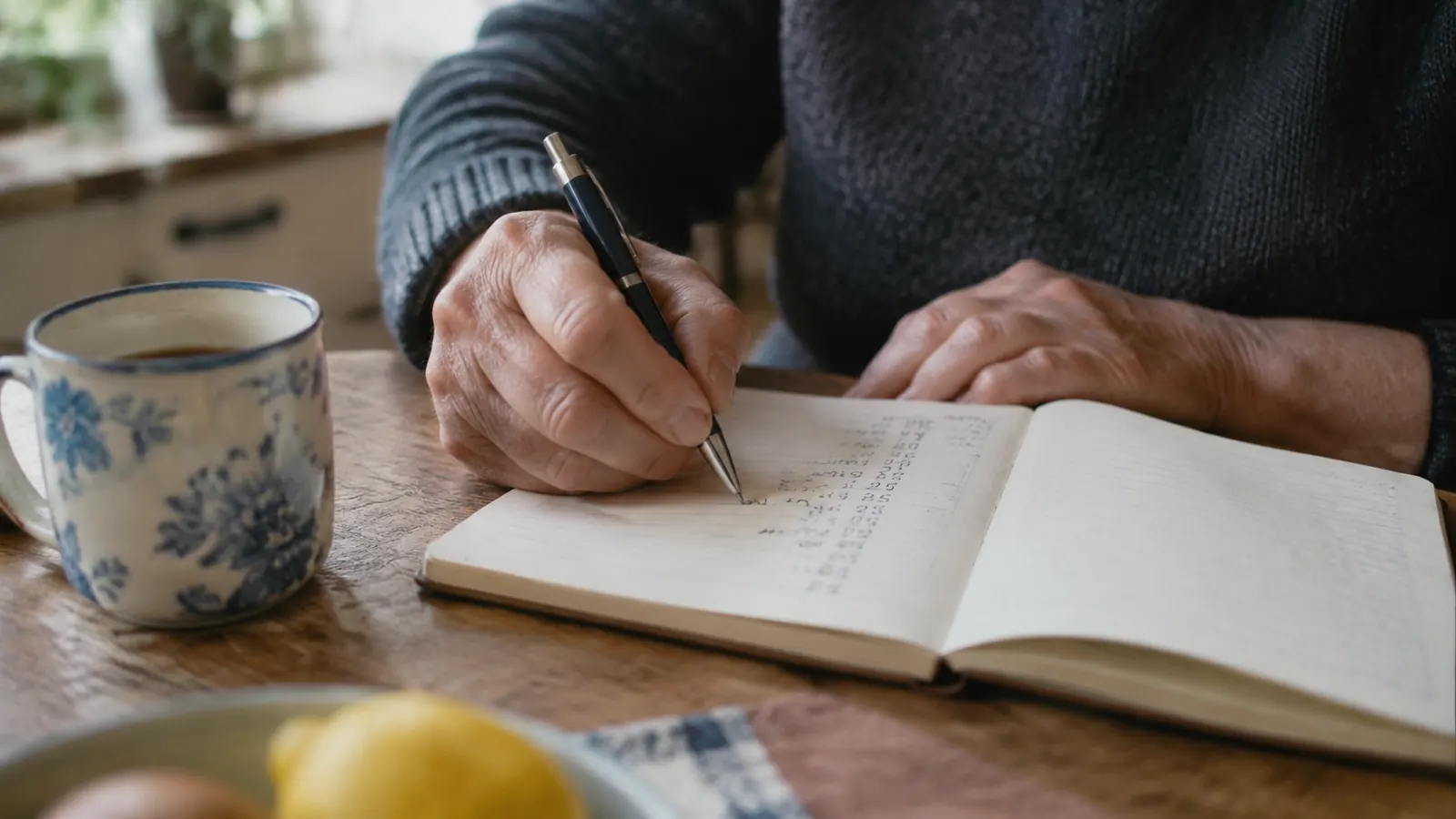 An open notebook where a hand records fasting glucose numbers with a pen, morning kitchen setting
