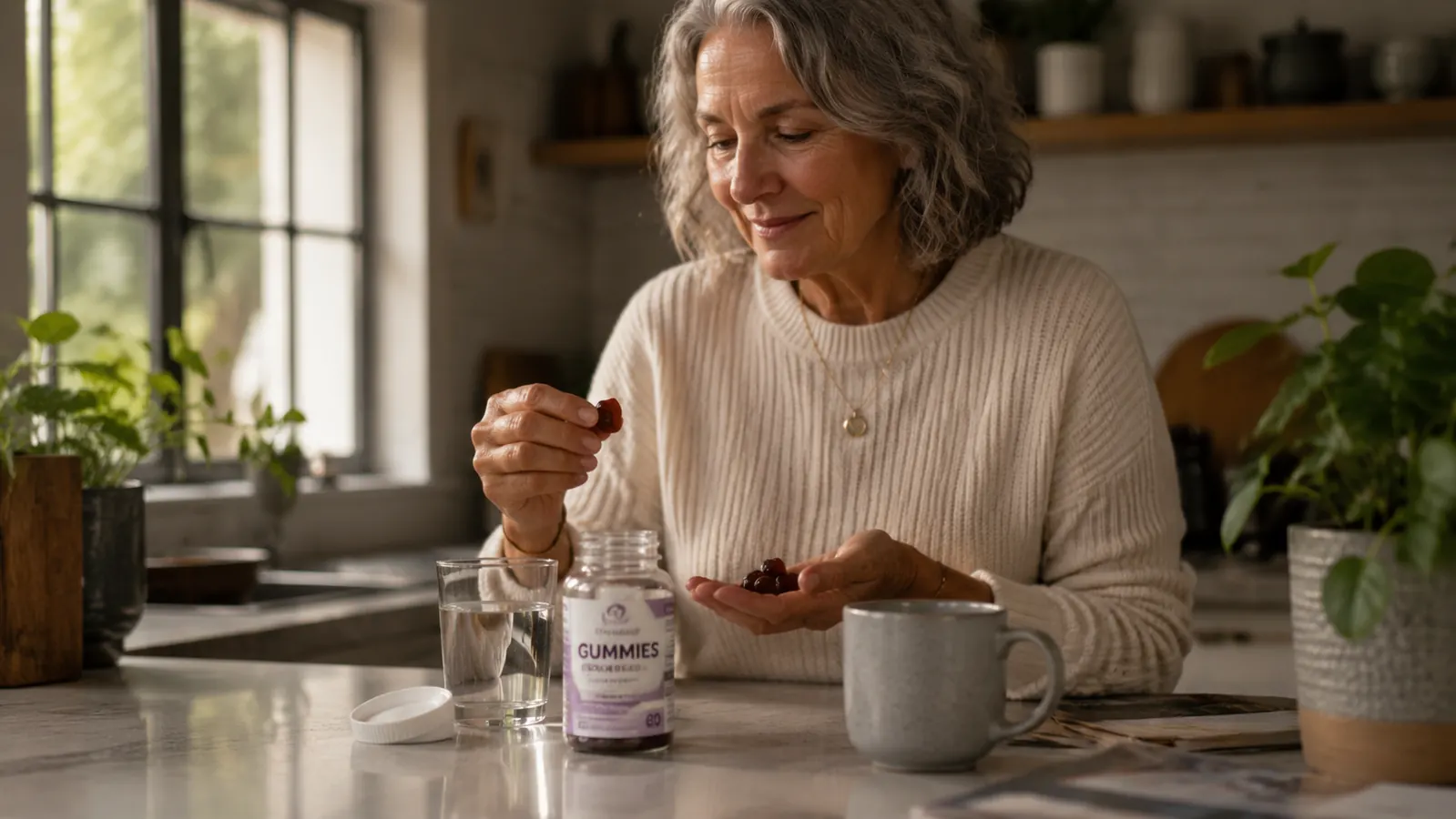 a small open jar of gummies beside a glass of water and a coffee mug on a kitchen counter in morning light